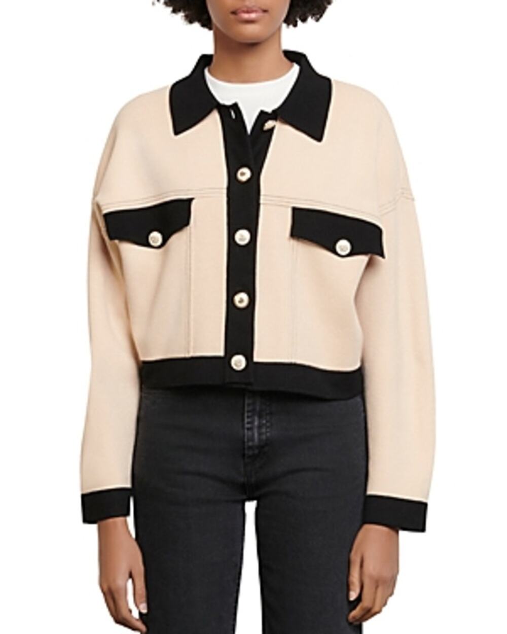 Sandro Paris Two-Tone Cher Cropped Contrast Knit Ecru Boxy Cardigan Jacket 0 XS